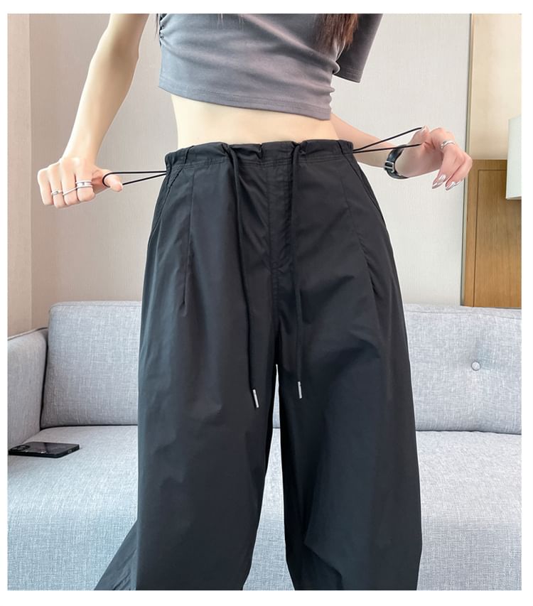 Drawstring Waist Plain Wide Leg Cargo Pants