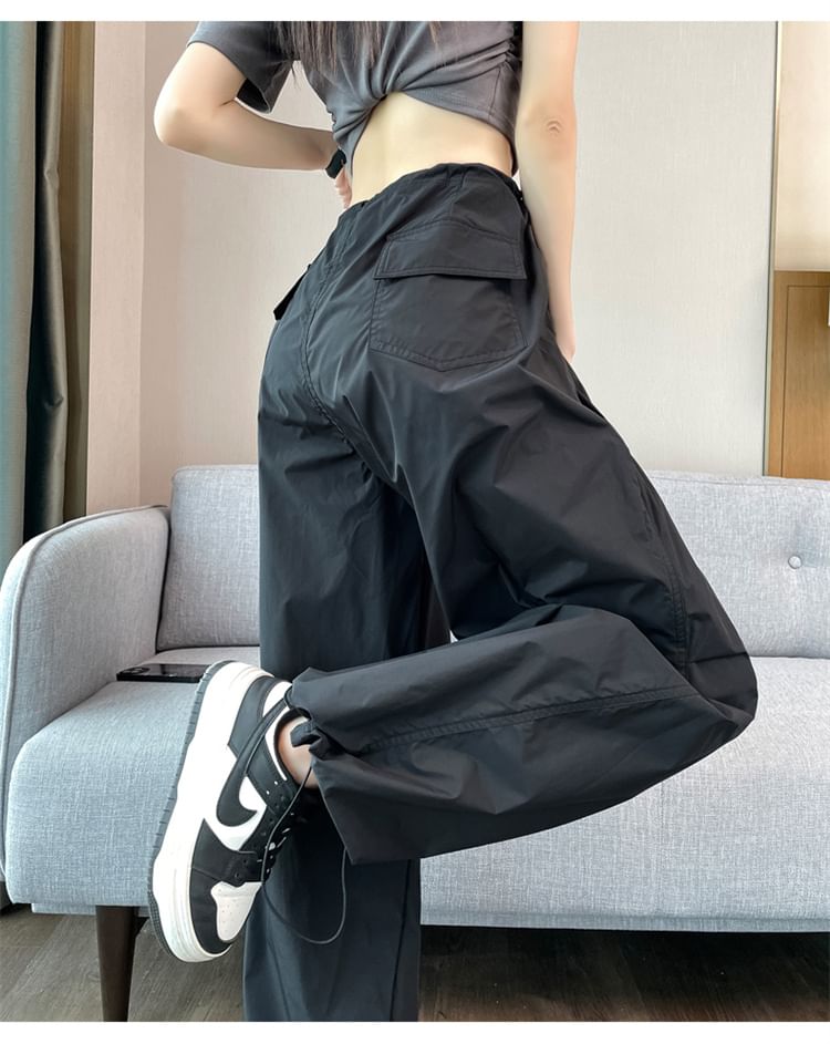 Drawstring Waist Plain Wide Leg Cargo Pants