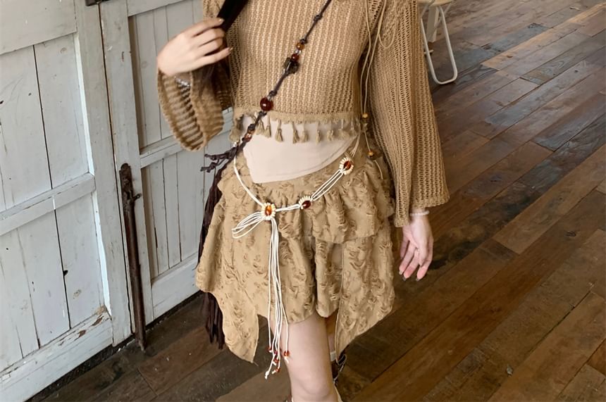Beaded Plain Top / Mid Detail Cropped Chain Skirt Asymmetrical Sweater Waist Distressed Cami Rise Tassel A-Line Mini