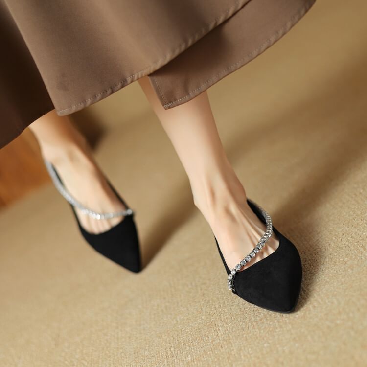 Pointed Toe Rhinestone Faux Suede Pumps