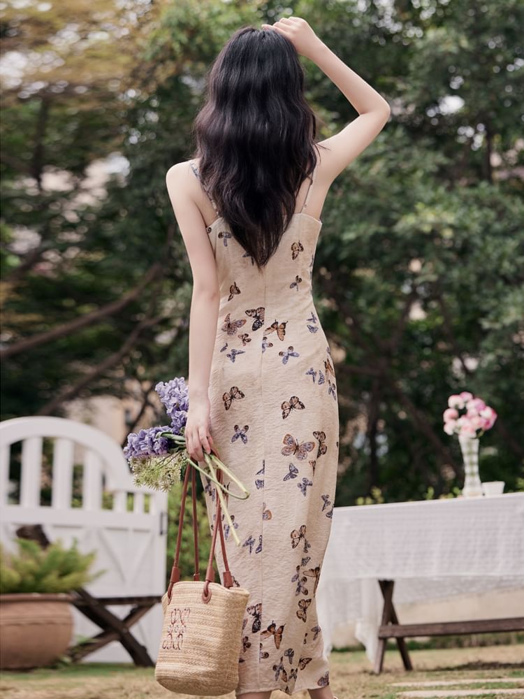 Plain Cardigan / Spaghetti Strap Butterfly Print Maxi Sundress / Set