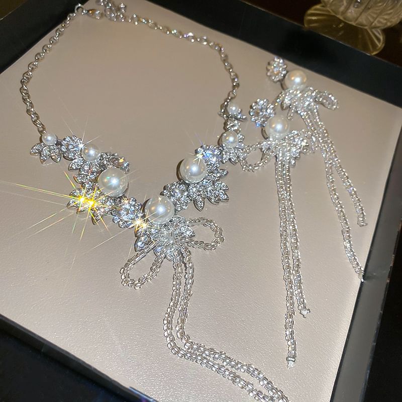 Ribbon Earring Rhinestone Necklace Drop /