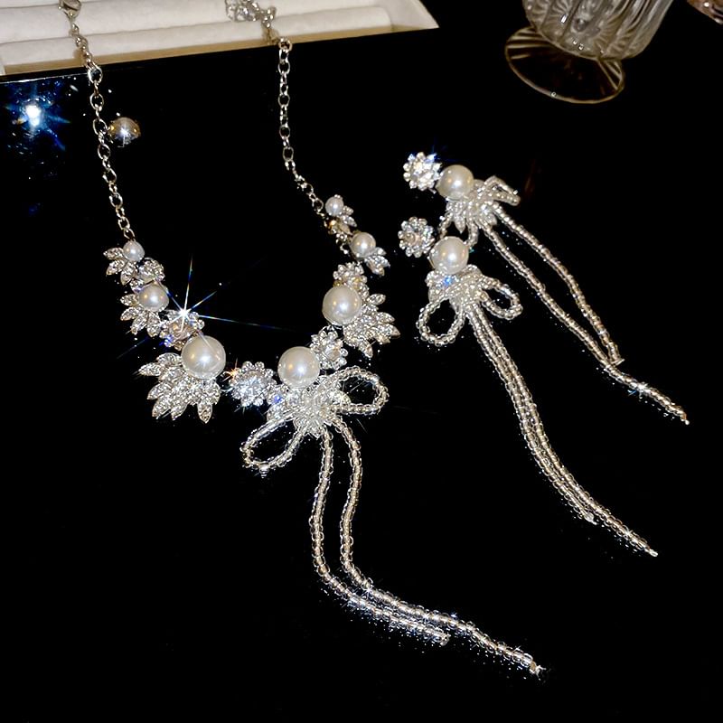 Ribbon Earring Rhinestone Necklace Drop /