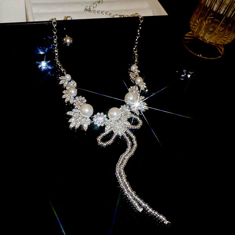 Ribbon Earring Rhinestone Necklace Drop /