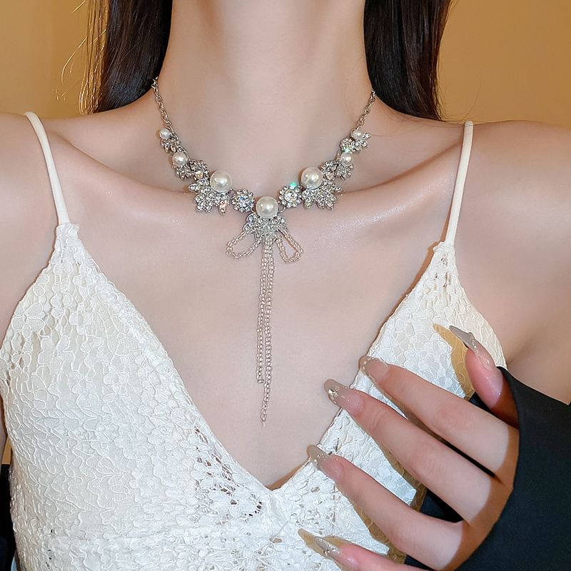 Ribbon Earring Rhinestone Necklace Drop /