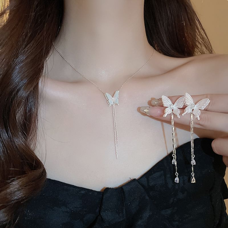 Earring / Butterfly Rhinestone Dangle Choker Alloy