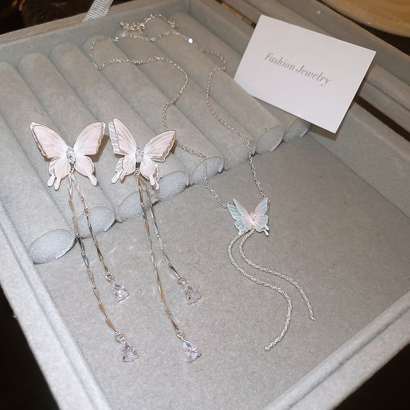 Earring / Butterfly Rhinestone Dangle Choker Alloy