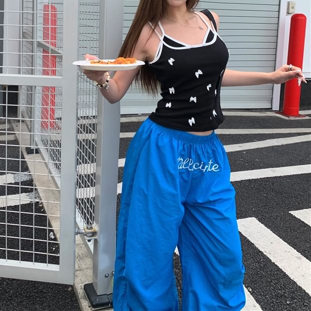Leg / Cami Waist Elastic Bow Wide Plain Top Pants
