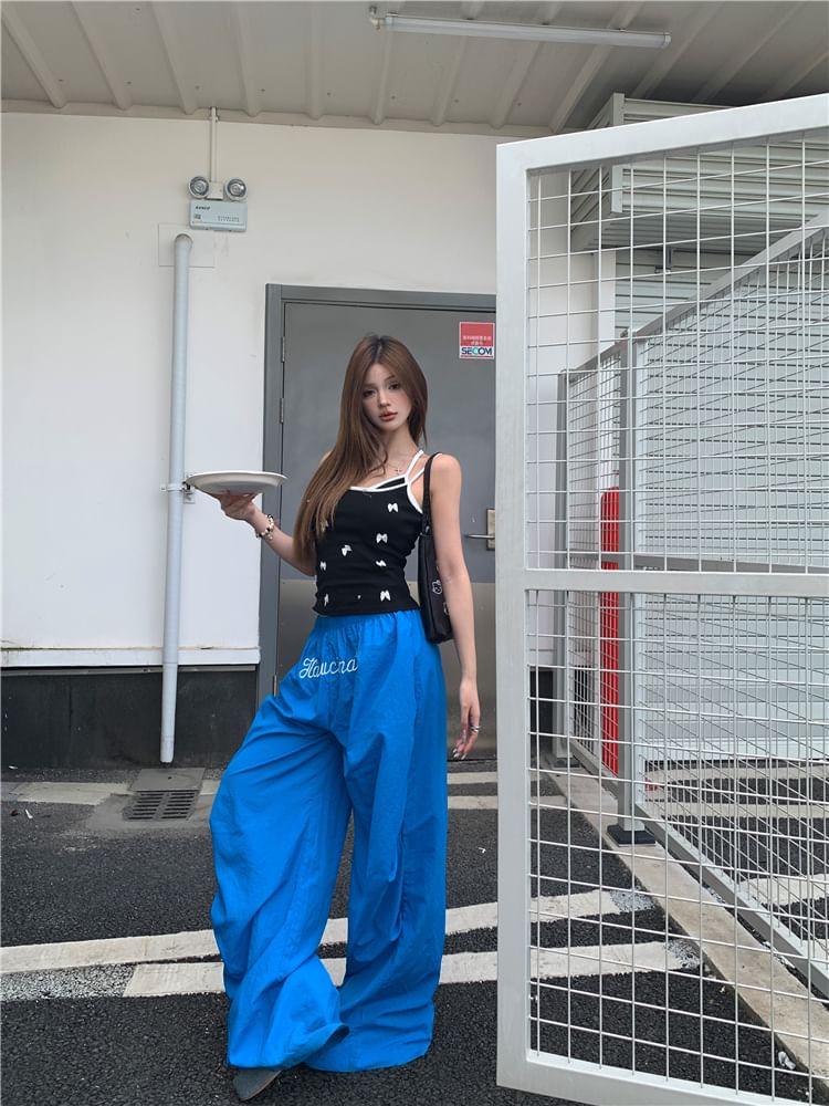 Leg / Cami Waist Elastic Bow Wide Plain Top Pants