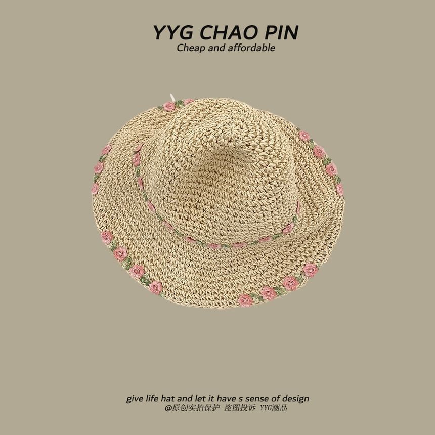 Hat Straw Embroidered Sun Floral