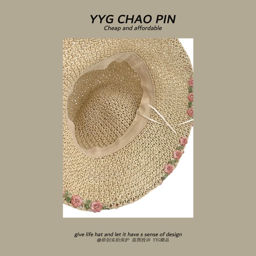Hat Straw Embroidered Sun Floral