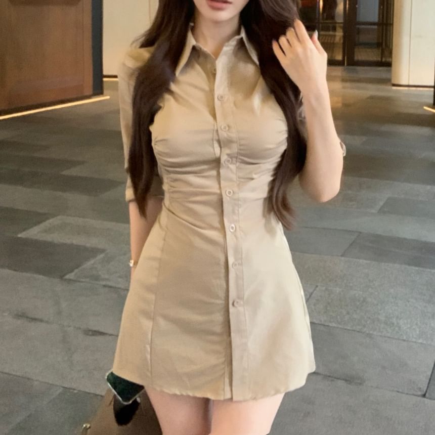 Dress Mini Shirt Plain Ruched Sheath Button-Up 3/4-Sleeve