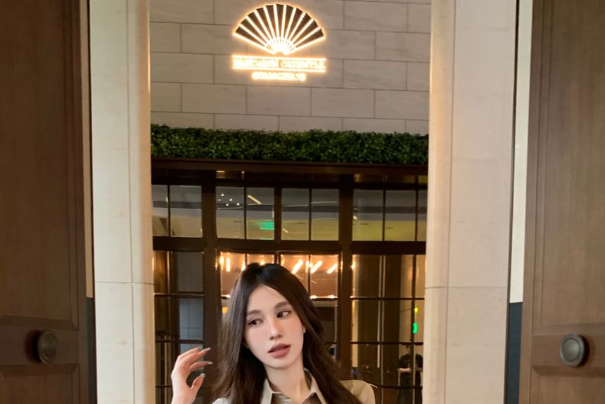 Dress Mini Shirt Plain Ruched Sheath Button-Up 3/4-Sleeve