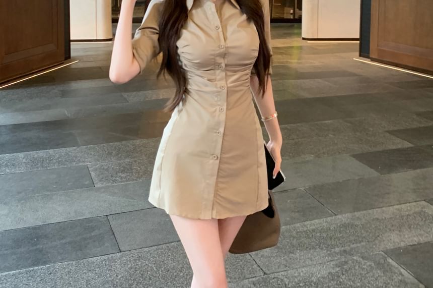 Dress Mini Shirt Plain Ruched Sheath Button-Up 3/4-Sleeve