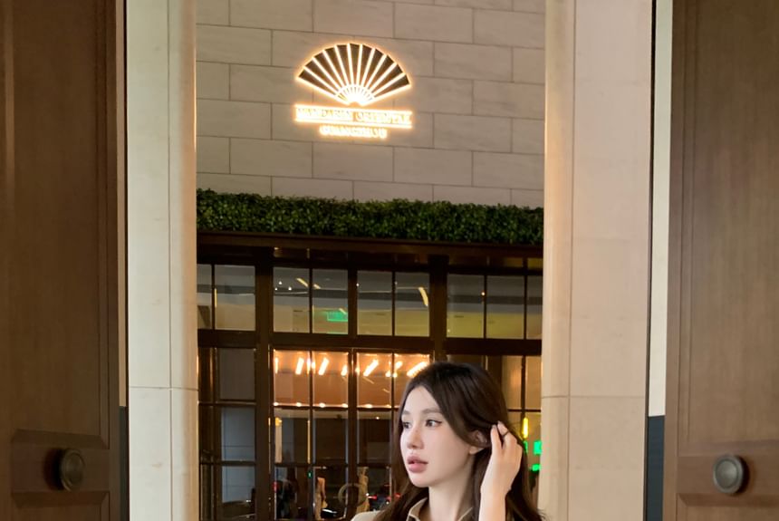 Dress Mini Shirt Plain Ruched Sheath Button-Up 3/4-Sleeve