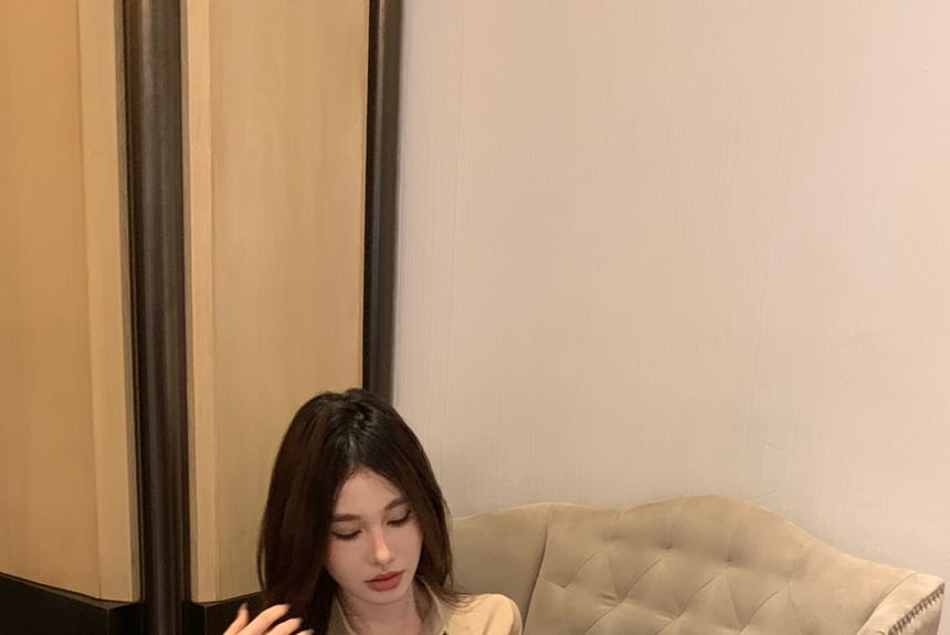 Dress Mini Shirt Plain Ruched Sheath Button-Up 3/4-Sleeve