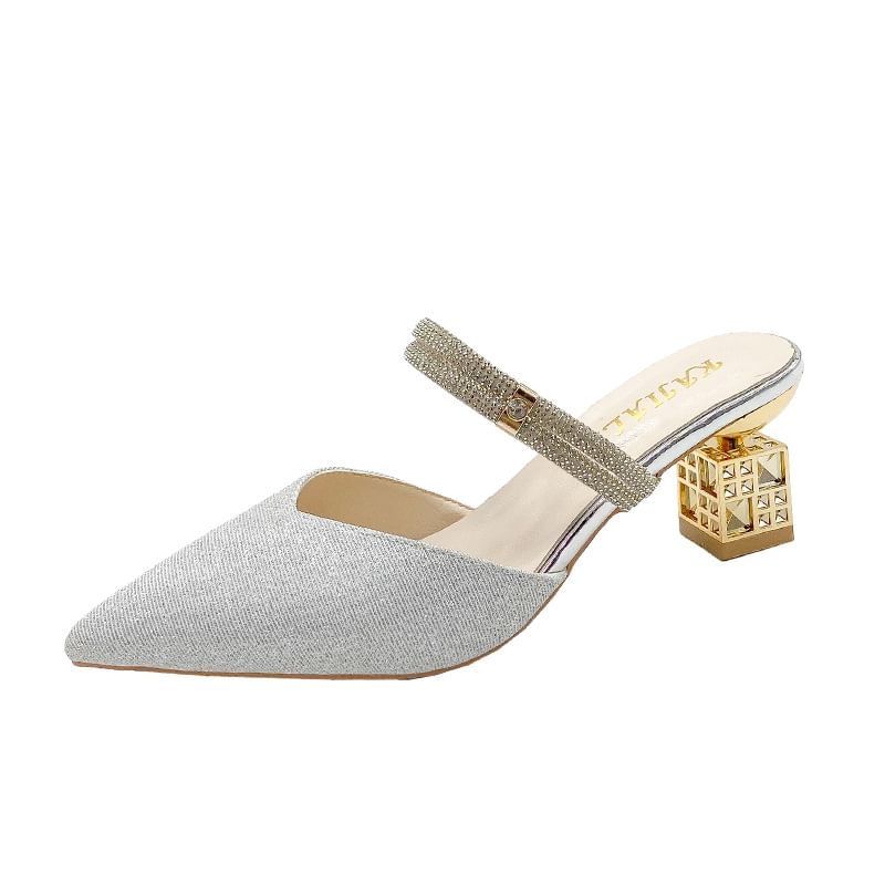 Rhinestone Block Pointed Mules Heel