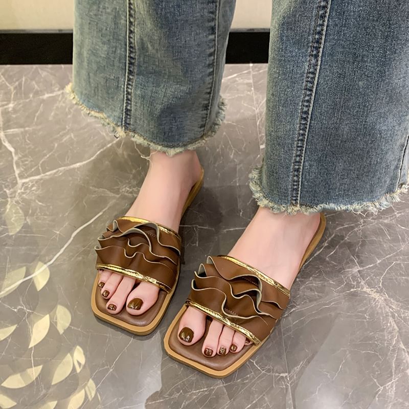 Ruffle Slide Sandals Square Toe