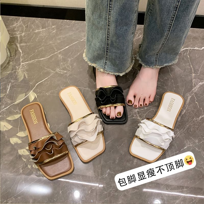 Ruffle Slide Sandals Square Toe