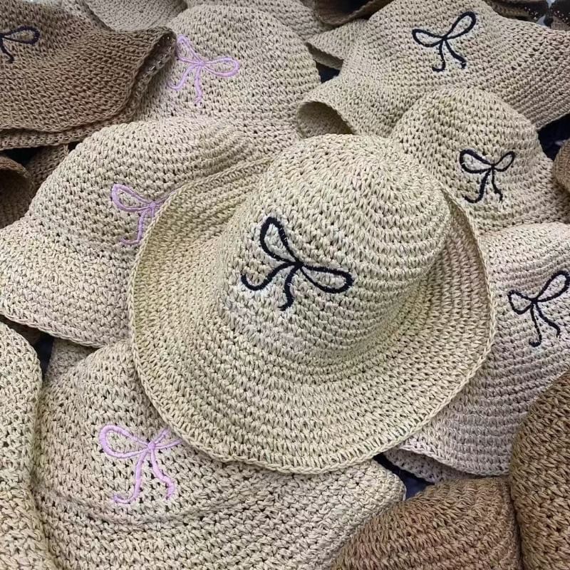 Bow Embroidered Straw Hat