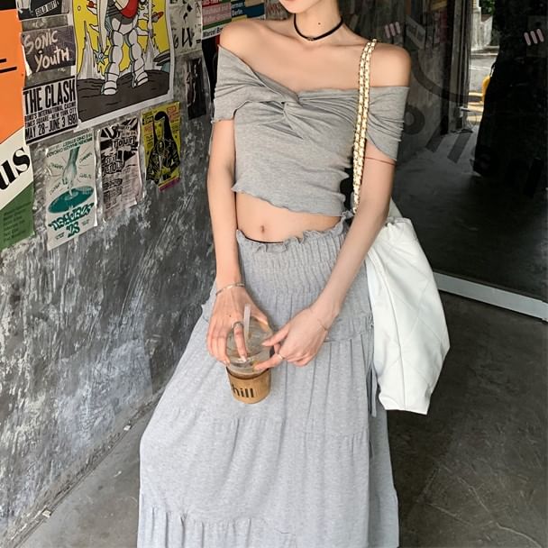 Plain Top Rise Midi Twist A-Line / Shoulder Ruched Off Skirt