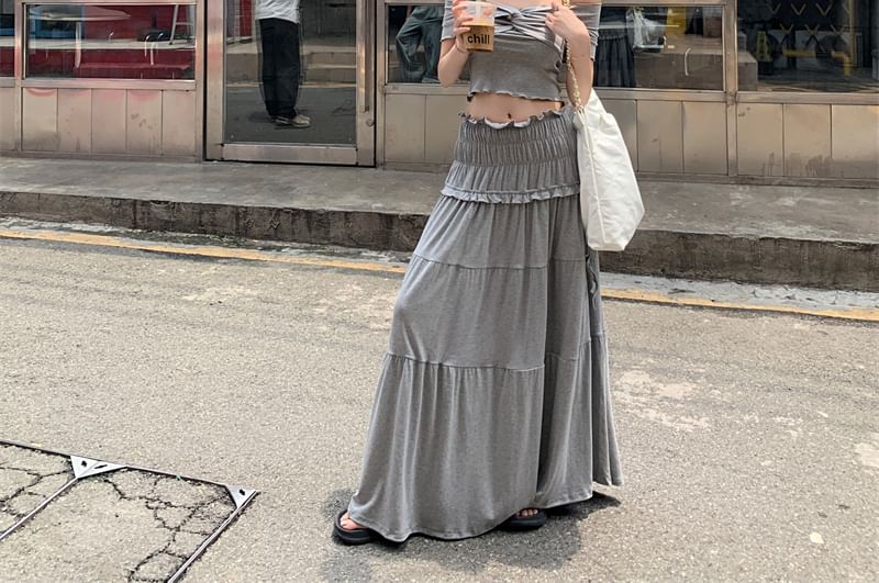 Plain Top Rise Midi Twist A-Line / Shoulder Ruched Off Skirt