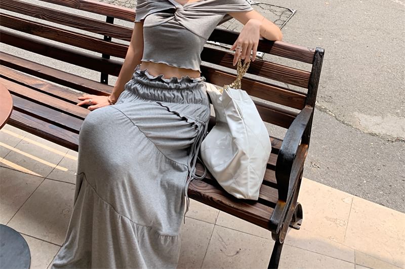 Plain Top Rise Midi Twist A-Line / Shoulder Ruched Off Skirt