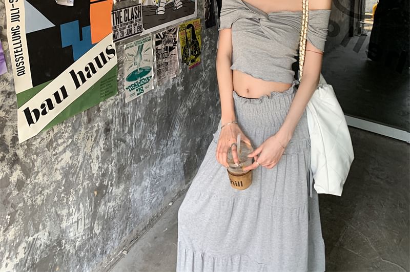 Plain Top Rise Midi Twist A-Line / Shoulder Ruched Off Skirt