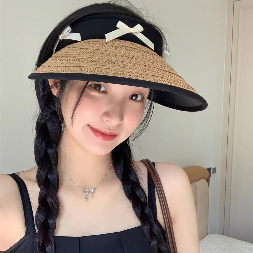 Ribbon Piped Hat Straw Sun
