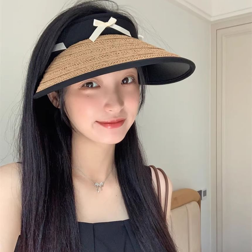Ribbon Piped Hat Straw Sun