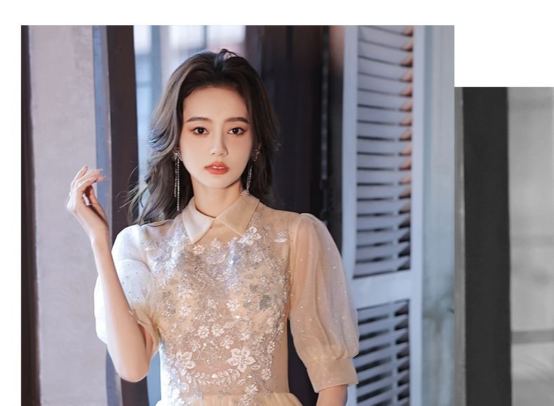 Short-Sleeve Floral Mesh A-Line Evening Gown / Dress