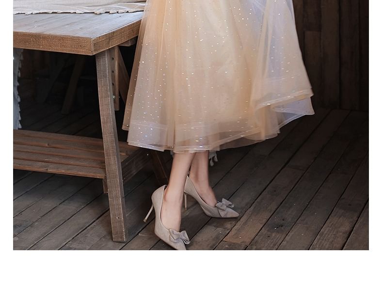 Short-Sleeve Floral Mesh A-Line Evening Gown / Dress