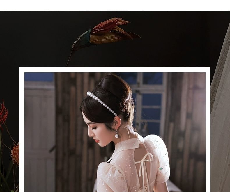 Short-Sleeve Sequin Collared Mesh A-Line Evening Gown