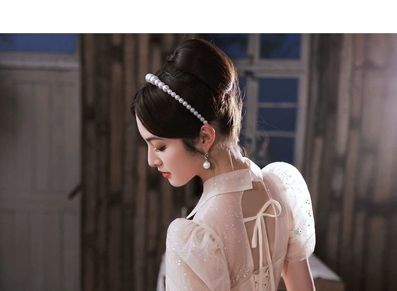 Short-Sleeve Sequin Collared Mesh A-Line Evening Gown