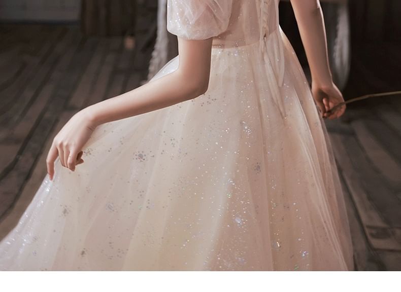 Short-Sleeve Sequin Collared Mesh A-Line Evening Gown