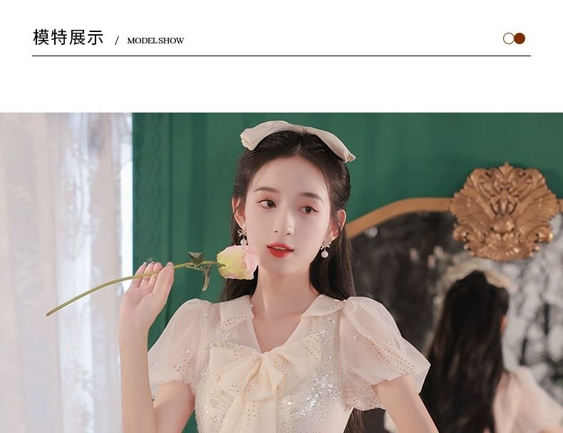 Short-Sleeve Ribbon Neck Mesh A-Line Evening Gown