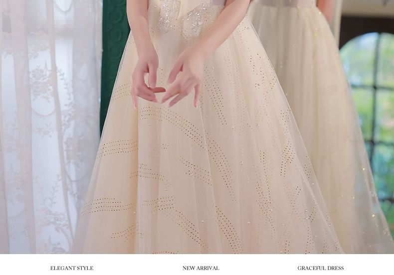 Short-Sleeve Ribbon Neck Mesh A-Line Evening Gown