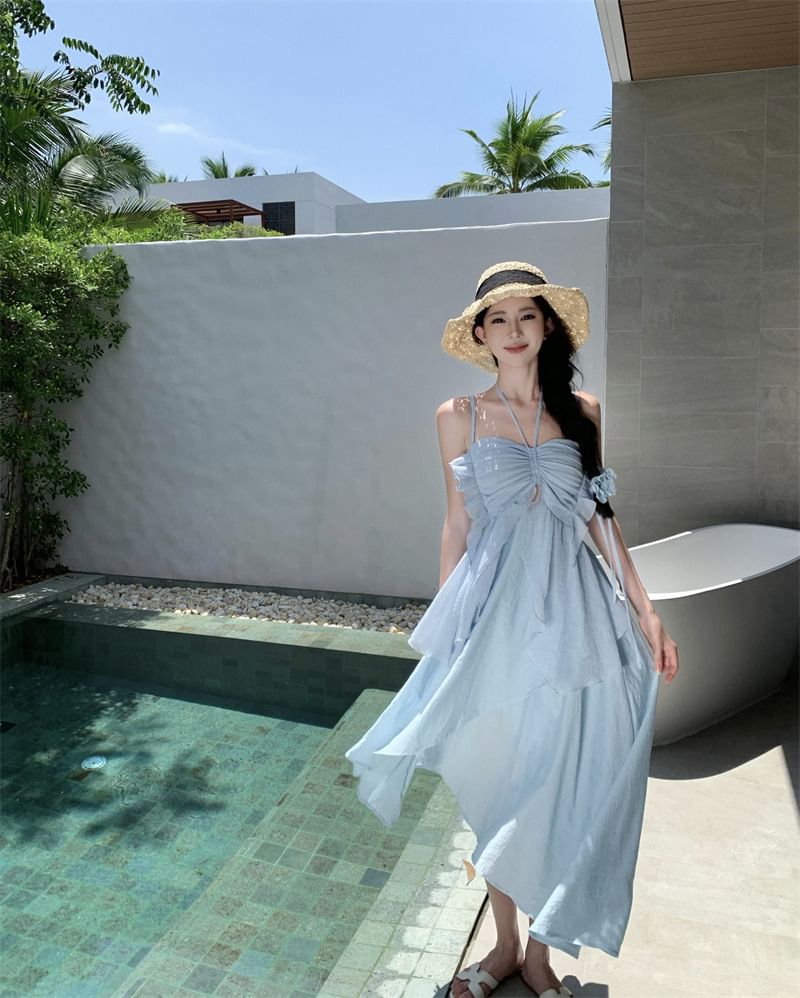 Asymmetrical Plain Midi Dress Spaghetti Strap A-Line