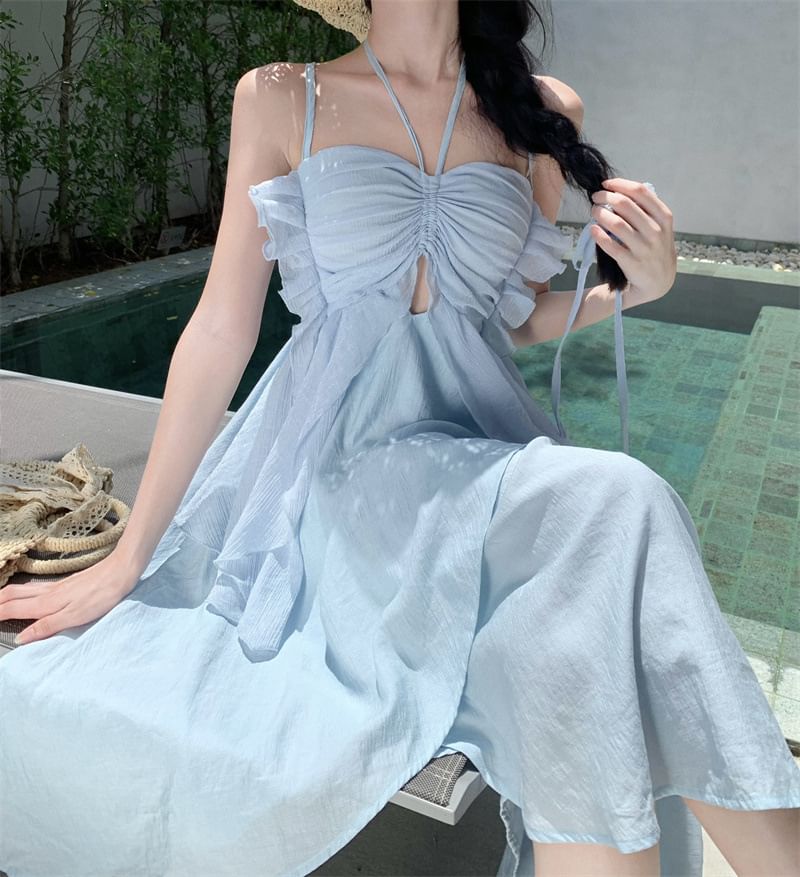 Asymmetrical Plain Midi Dress Spaghetti Strap A-Line