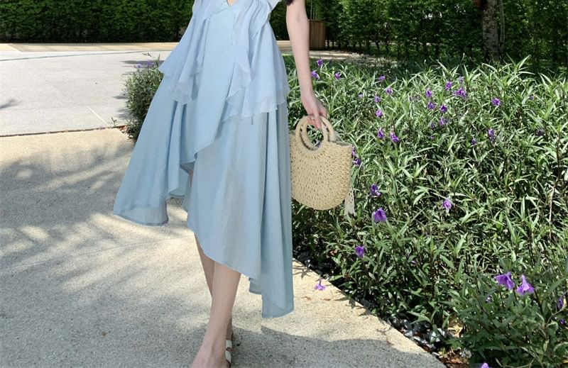 Asymmetrical Plain Midi Dress Spaghetti Strap A-Line