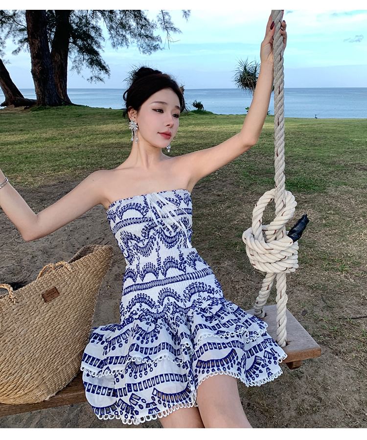 Embroidered Ruched Mini A-Line Tube Dress