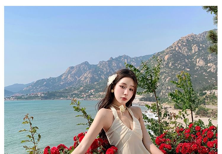 Peplum Skirt Tank Plain A-Line Halter Set: Midi Top + Asymmetrical