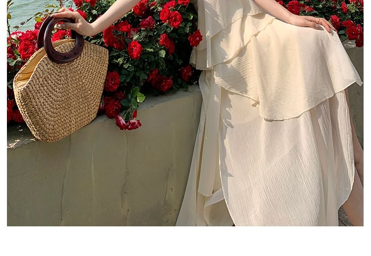 Peplum Skirt Tank Plain A-Line Halter Set: Midi Top + Asymmetrical