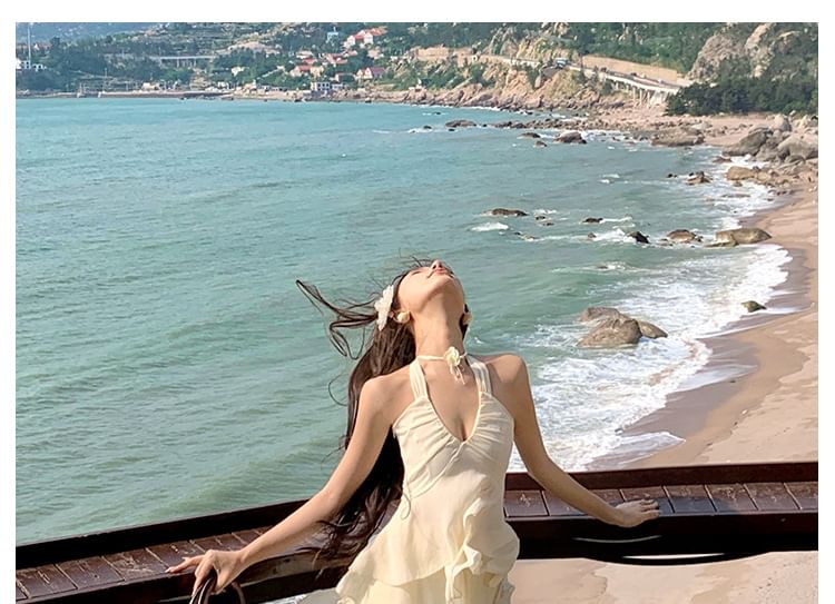 Peplum Skirt Tank Plain A-Line Halter Set: Midi Top + Asymmetrical