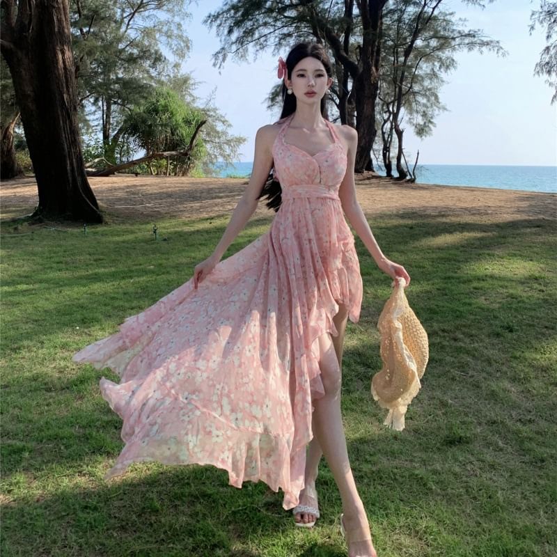 Dress A-Line Asymmetrical Ruffle V-Neck Floral Print Ruched Back Halter Trim Open