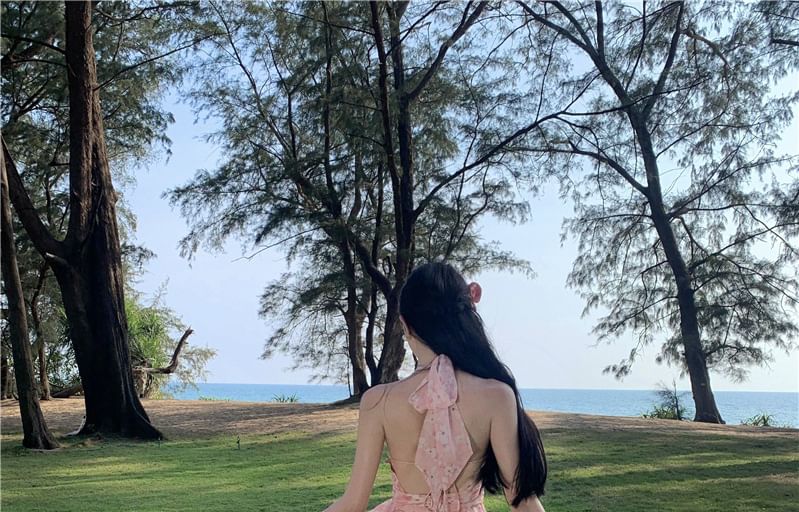 Dress A-Line Asymmetrical Ruffle V-Neck Floral Print Ruched Back Halter Trim Open