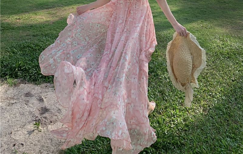 Dress A-Line Asymmetrical Ruffle V-Neck Floral Print Ruched Back Halter Trim Open