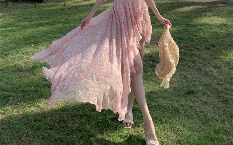 Dress A-Line Asymmetrical Ruffle V-Neck Floral Print Ruched Back Halter Trim Open