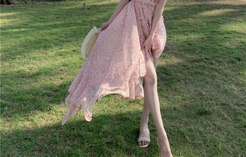 Dress A-Line Asymmetrical Ruffle V-Neck Floral Print Ruched Back Halter Trim Open