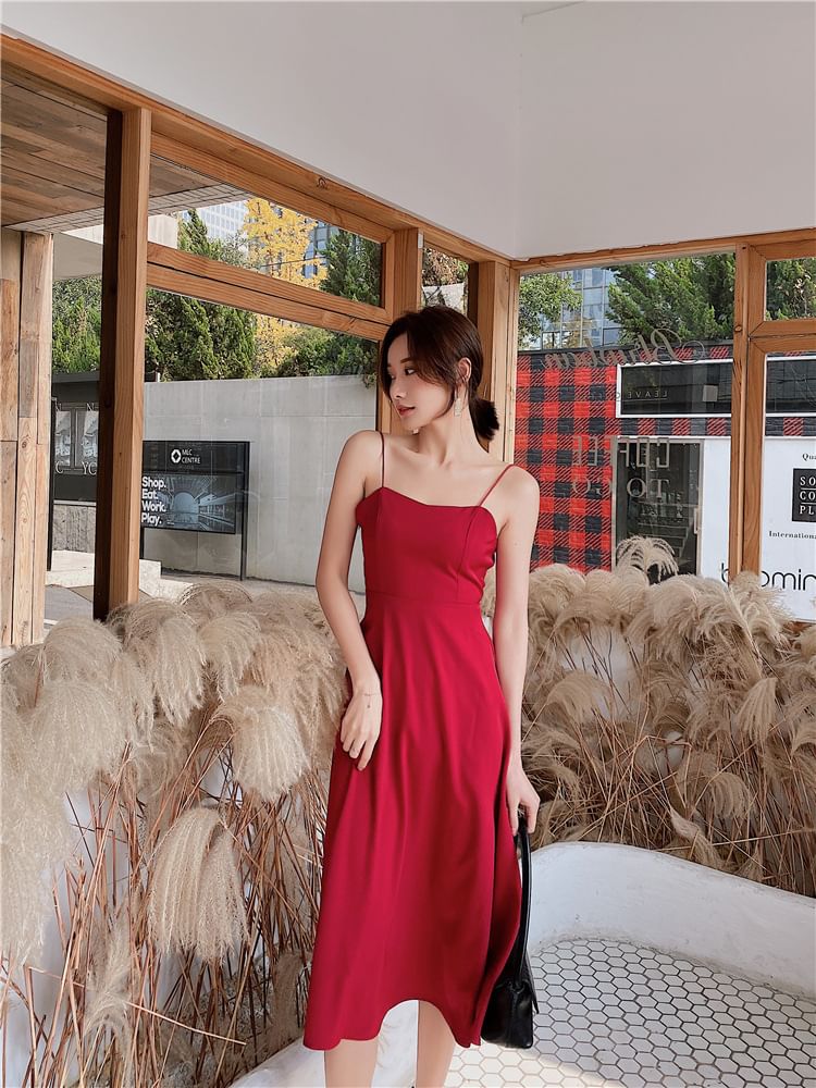 V-Neck Strap Dress Spaghetti Plain Midi A-Line Open Back
